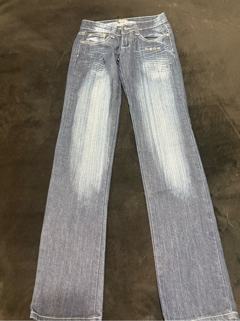 bebe Blue Flared Jeans with Faded Front Panels